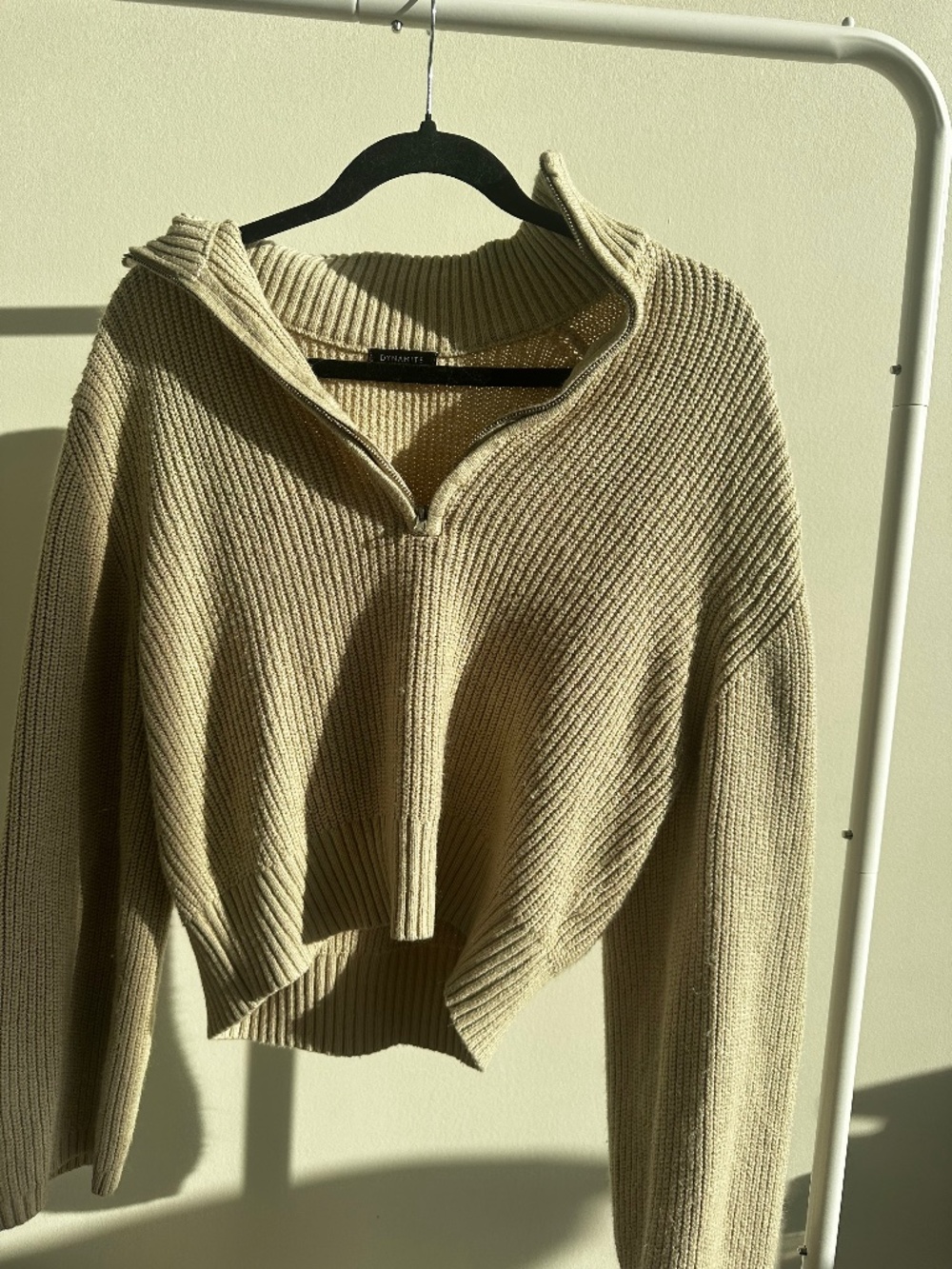 Dynamite Beige Ribbed Knit Zip Sweater -Cropped Cozy Top (M)